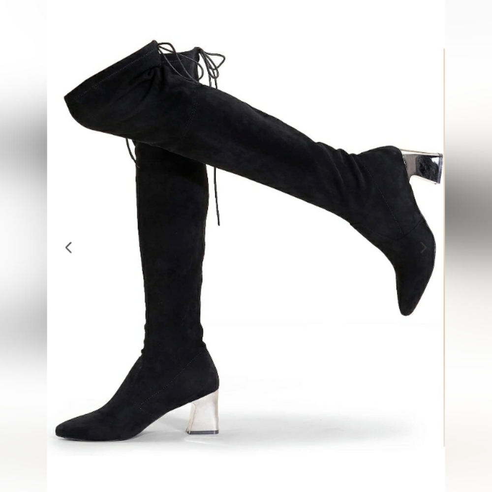 Hawkwell Knee High Boots Womens Size 8 Black Faux Suede Block Sliver Heel Nwt